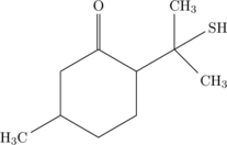  \chemfig[][scale=0.75]{H_{3}C(-[:30]*6(---(-[:30](-[2]CH_{3})(-[:30]SH)(-[7]CH_{3}))-(=[2]O)--))} 